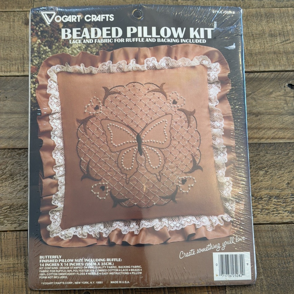 Vtg Vogart Crafts BUTTERFLY Beaded Pillow Kit  14" x 14" #2528B EMBROIDERY NIP